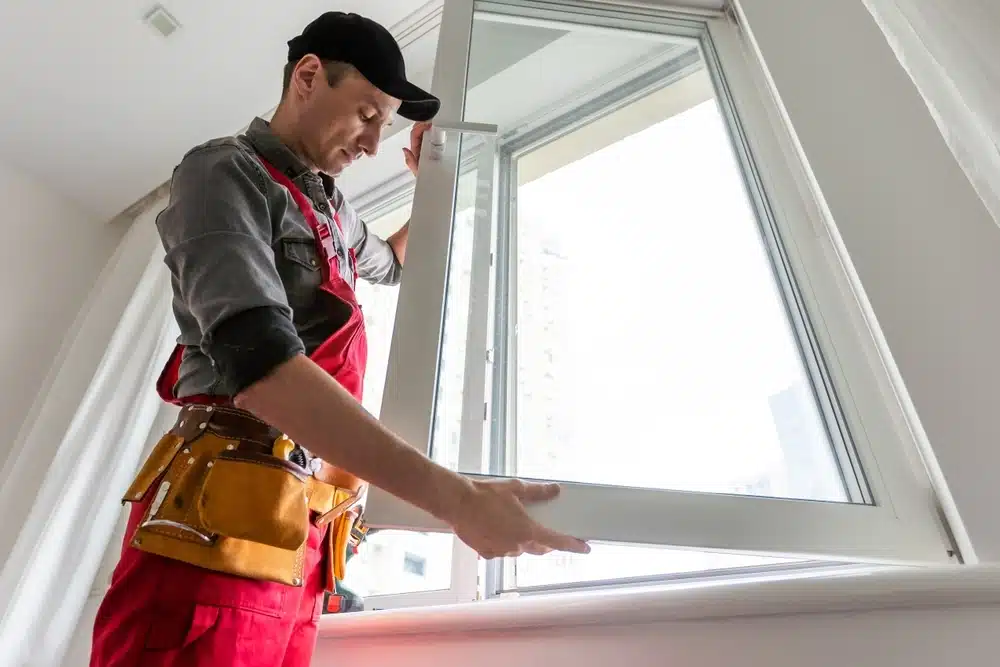Un ouvrier vêtu d'un uniforme et d'une casquette rouges installe une vitre, très concentré. Il porte une ceinture porte-outils jaune, et la scène dégage une impression de concentration et de précision.