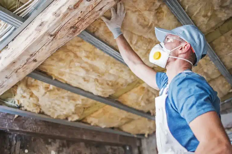 Un homme en tenue de protection inspecte l'isolation du plafond. Il porte un masque, une casquette et des gants, et se concentre attentivement sur une poutre en bois et le matériau isolant.