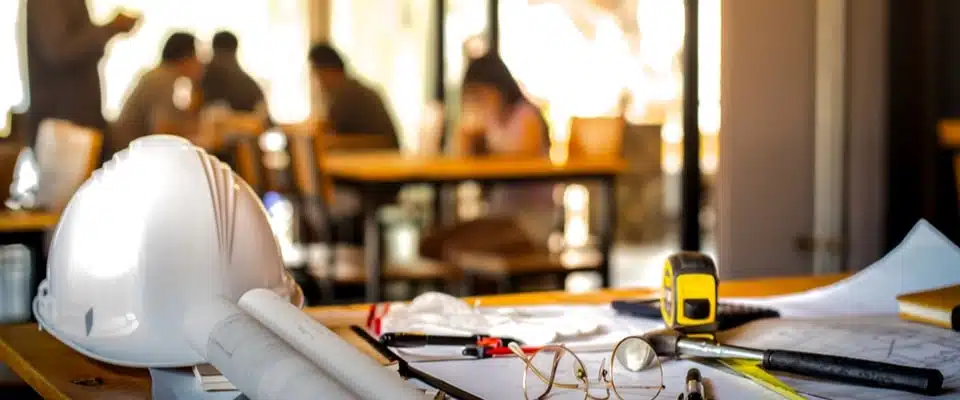 Au premier plan, un bureau avec des plans de construction, un casque de chantier, un mètre ruban, des lunettes et un crayon. L'arrière-plan flou montre des personnes en train de collaborer autour d'une table.