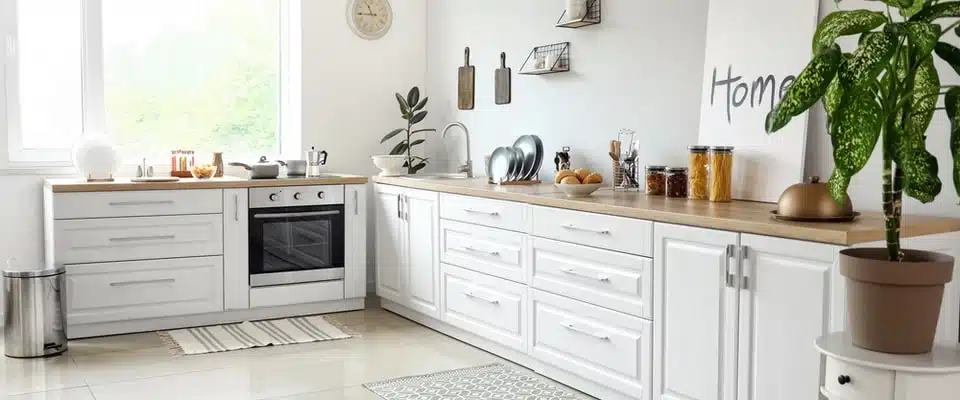 Cuisine moderne et lumineuse dotée de placards blancs, de plans de travail en bois et d'une cuisinière encastrée. Une plante en pot, des bocaux et des éléments décoratifs créent une atmosphère chaleureuse et accueillante.
