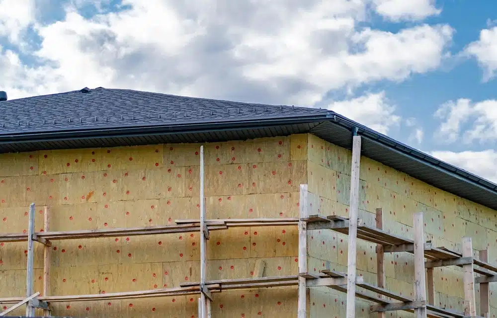Un bâtiment en cours de construction, laissant apparaître une isolation jaune et des échafaudages, se détache sur un ciel bleu parsemé de nuages. La scène évoque le progrès et l'activité laborieuse.