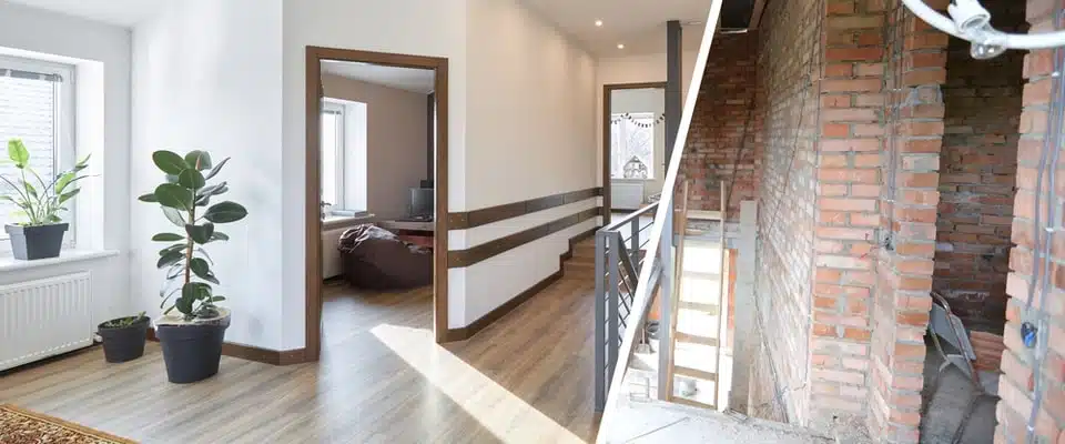 Une image divisée en deux oppose, à gauche, un couloir rénové agrémenté de plantes et d'un parquet en bois, et à droite, un chantier inachevé aux murs de briques.